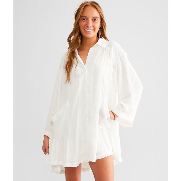Free People Dresses & Skirts - Free People shirt dress white textured crinkle Moonstruck button down women’s M